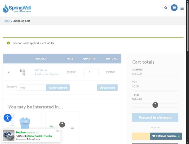 SpringWell checkout page showing SpringWell coupon code box | Screenshot taken by SimplyCodes community member on Sep 5, 2025