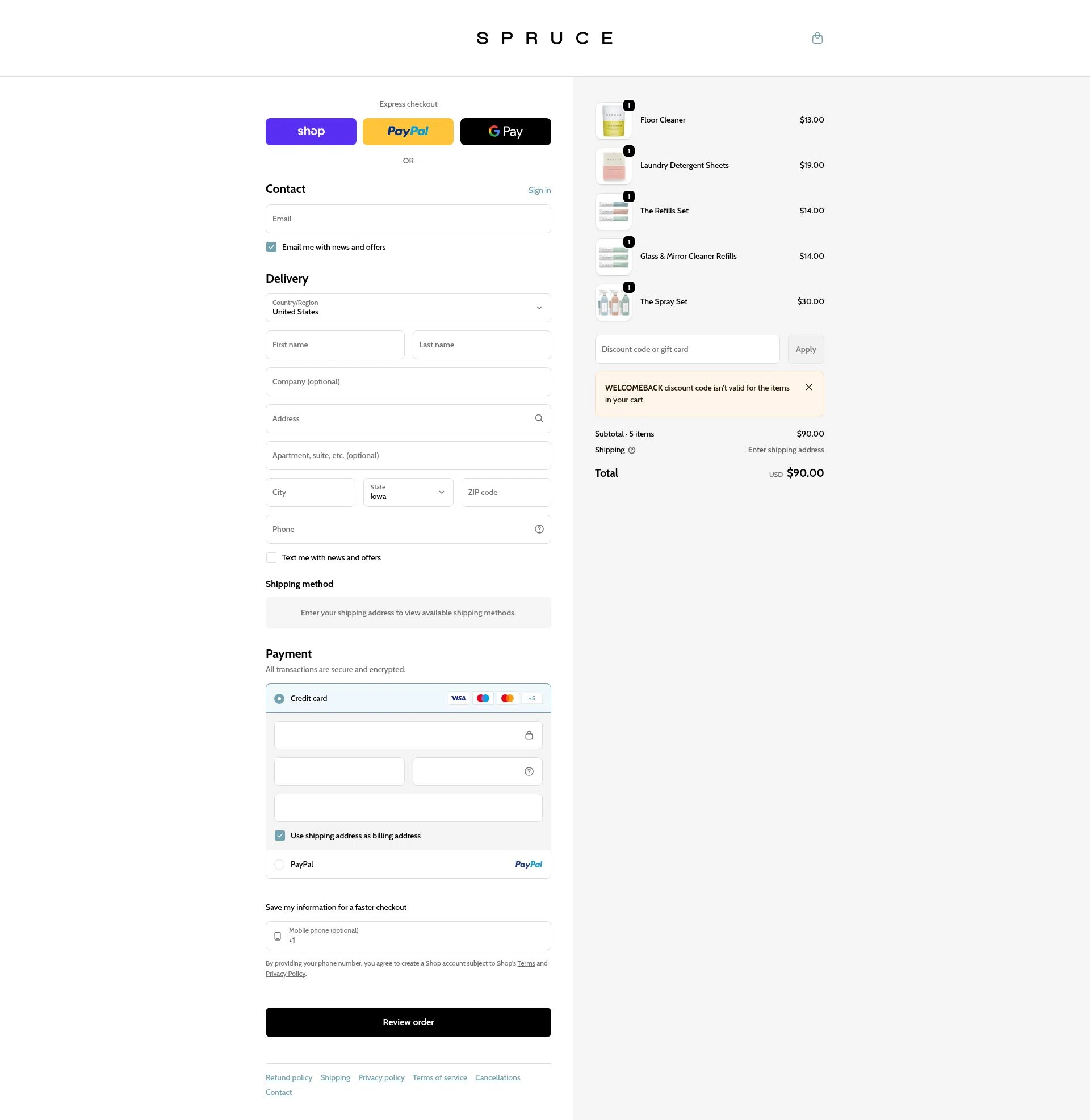 SPRUCE checkout page showing SPRUCE coupon code box | Screenshot taken by SimplyCodes community member on Feb 7, 2026