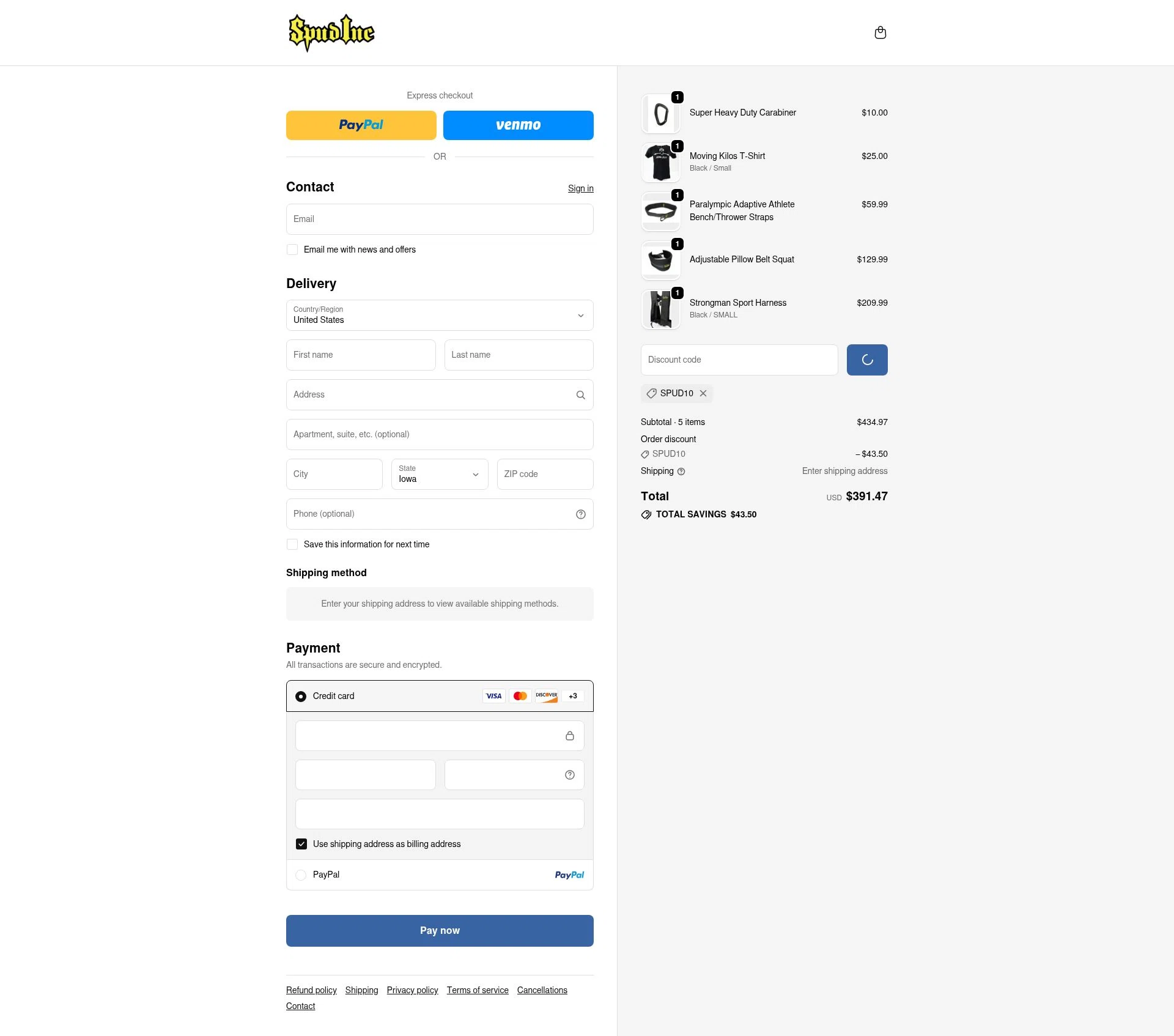 Spud Inc checkout page showing Spud Inc coupon code box | Screenshot taken by SimplyCodes community member on Feb 7, 2026