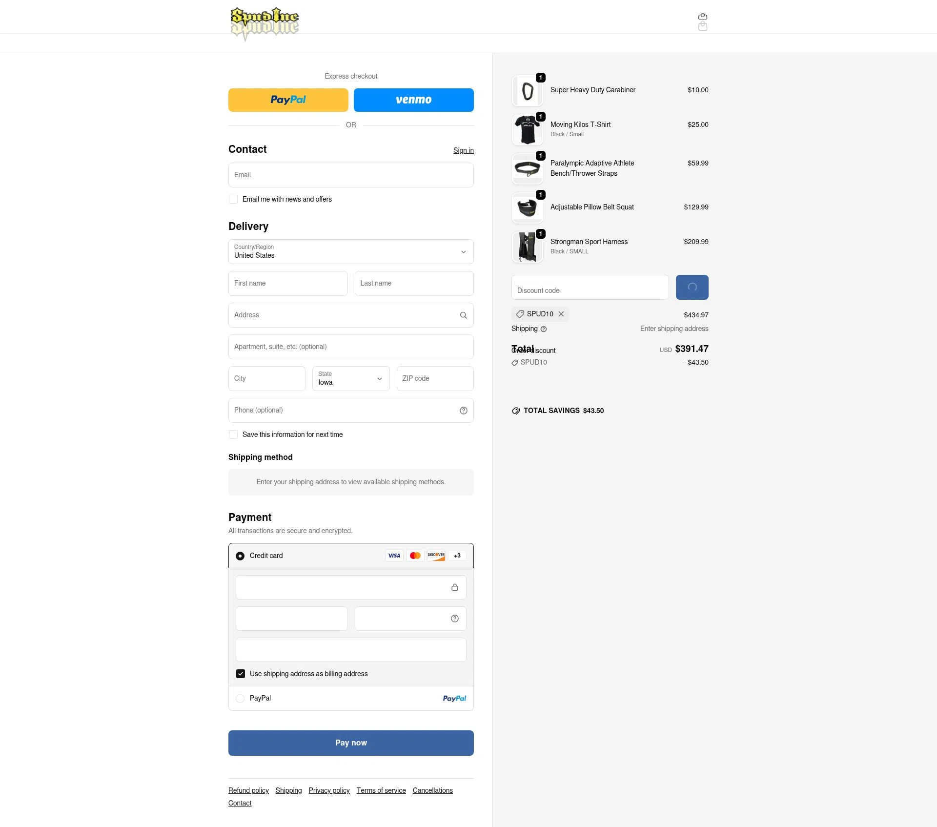 Spud Inc checkout page showing Spud Inc coupon code box | Screenshot taken by SimplyCodes community member on Feb 3, 2026