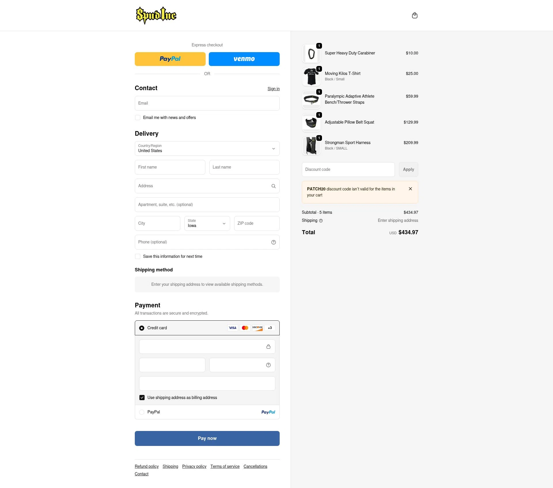 Spud Inc checkout page showing Spud Inc coupon code box | Screenshot taken by SimplyCodes community member on Feb 11, 2026