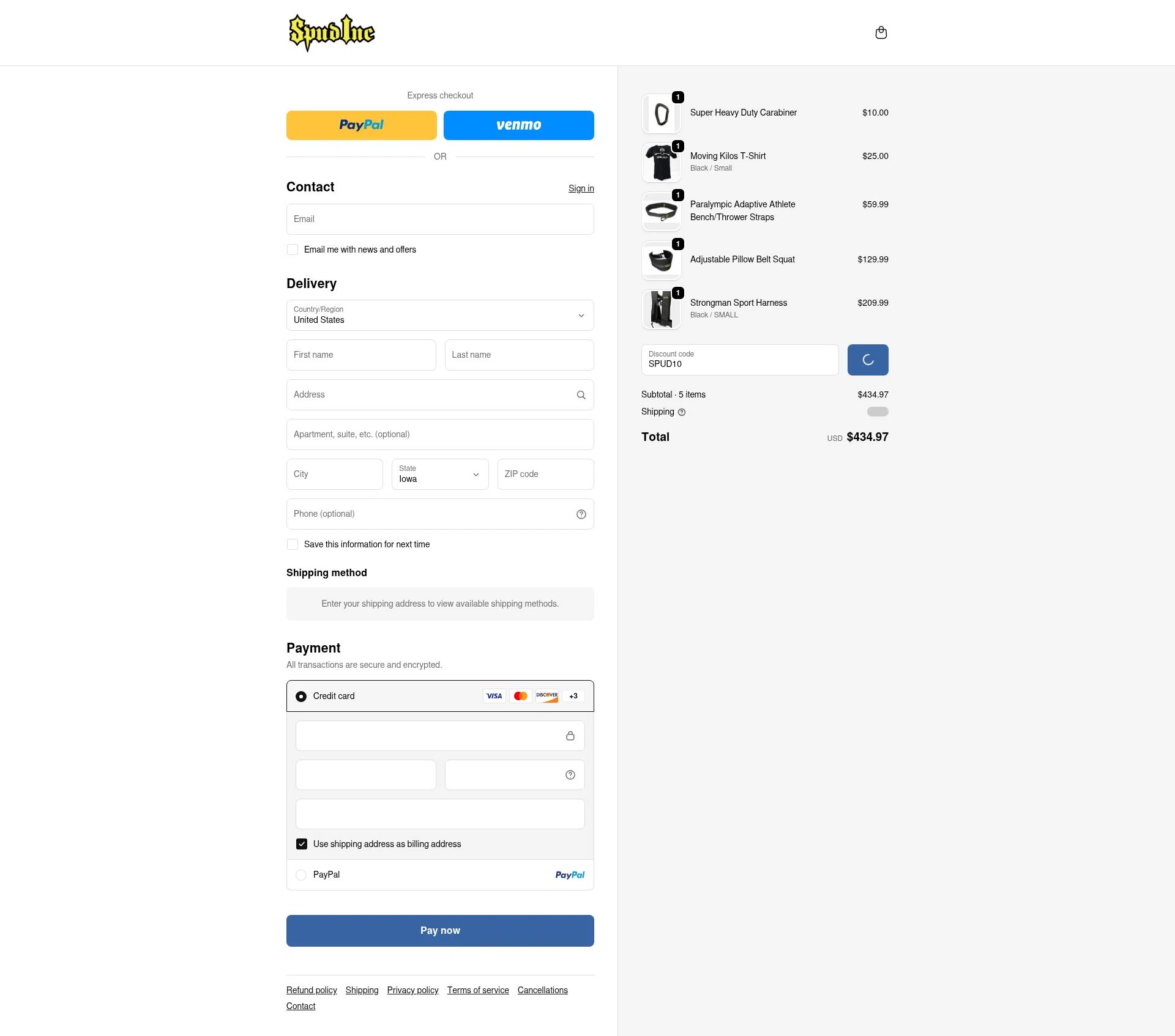 Spud Inc checkout page showing Spud Inc coupon code box | Screenshot taken by SimplyCodes community member on Feb 11, 2026