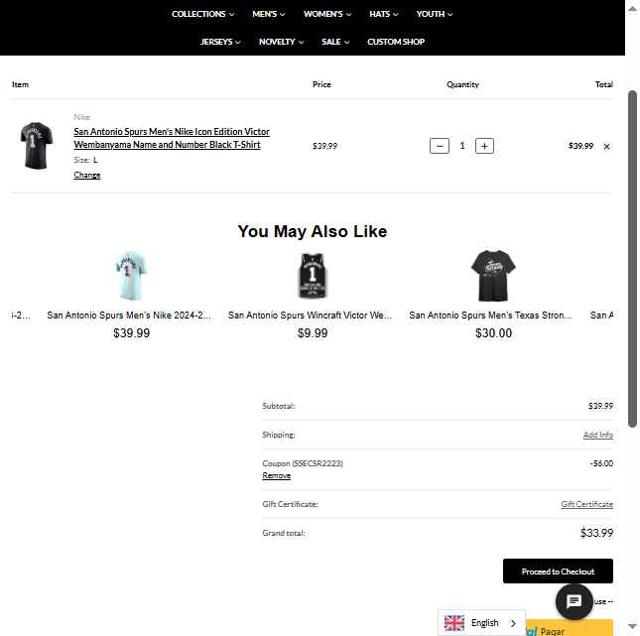 Spurs Fan Shop checkout page showing Spurs Fan Shop promo code box | Screenshot taken by SimplyCodes community member on Sep 1, 2025