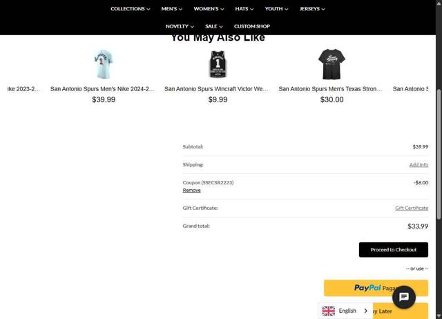 Spurs Fan Shop checkout page showing Spurs Fan Shop promo code box | Screenshot taken by SimplyCodes community member on Sep 6, 2025
