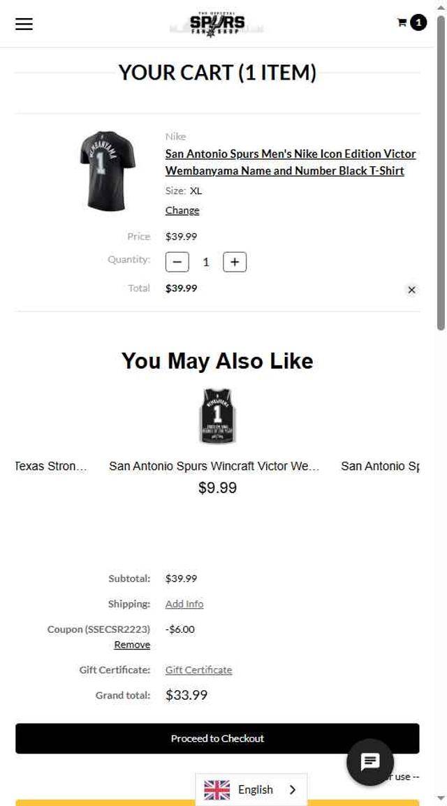 Spurs Fan Shop checkout page showing Spurs Fan Shop promo code box | Screenshot taken by SimplyCodes community member on Jul 31, 2025