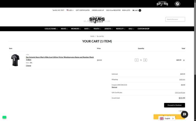 Spurs Fan Shop checkout page showing Spurs Fan Shop promo code box | Screenshot taken by SimplyCodes community member on Jul 26, 2025