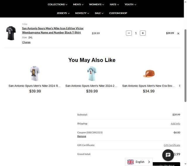 Spurs Fan Shop checkout page showing Spurs Fan Shop promo code box | Screenshot taken by SimplyCodes community member on Jun 27, 2025