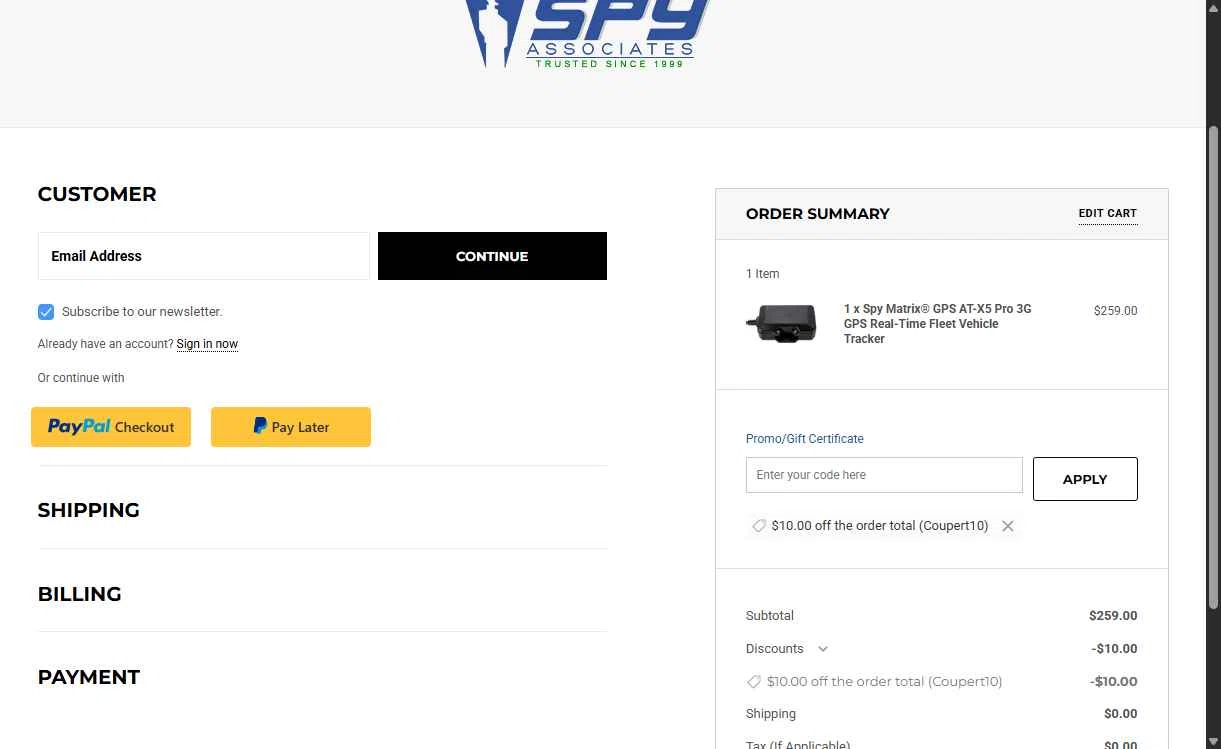 Spy Associates checkout page showing Spy Associates promo code box | Screenshot taken by SimplyCodes community member on Jan 5, 2026