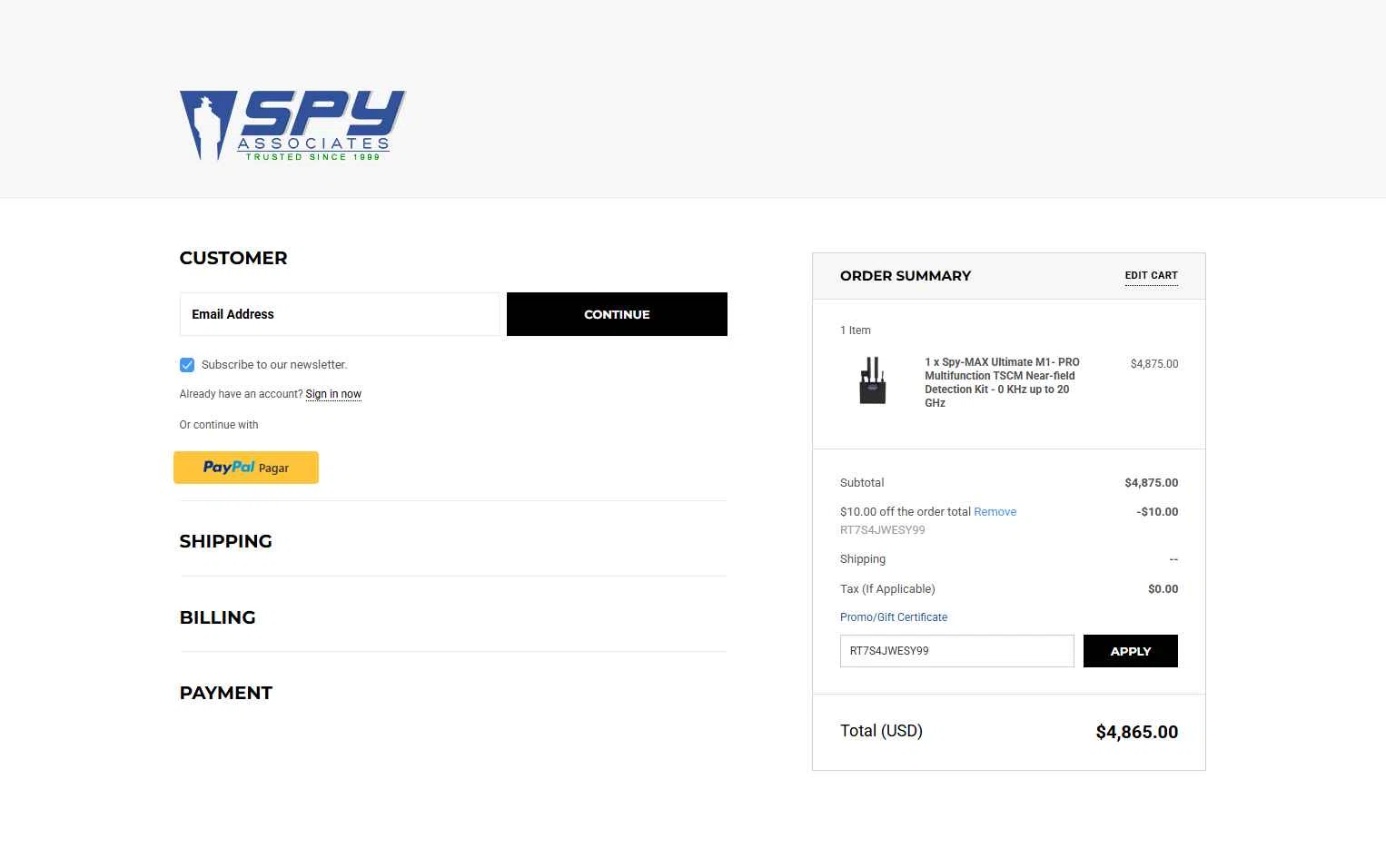 Spy Associates checkout page showing Spy Associates promo code box | Screenshot taken by SimplyCodes community member on Oct 31, 2025