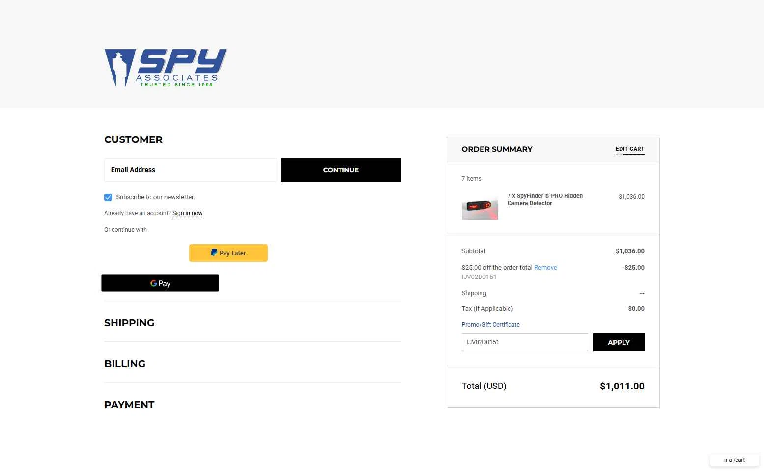 Spy Associates checkout page showing Spy Associates promo code box | Screenshot taken by SimplyCodes community member on Oct 17, 2025