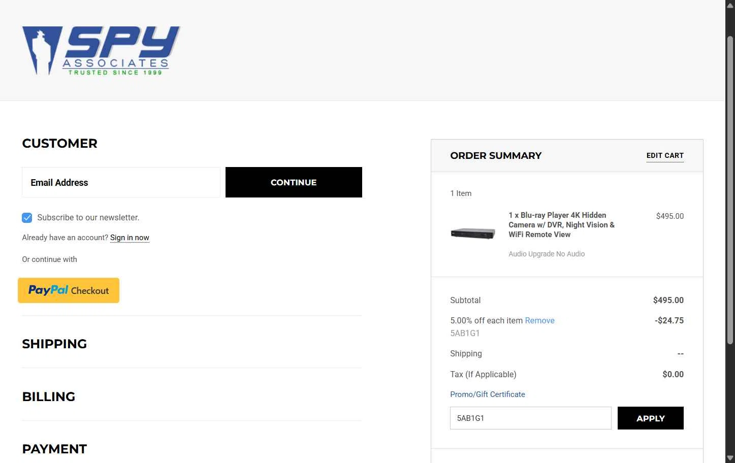 Spy Associates checkout page showing Spy Associates promo code box | Screenshot taken by SimplyCodes community member on Nov 3, 2025