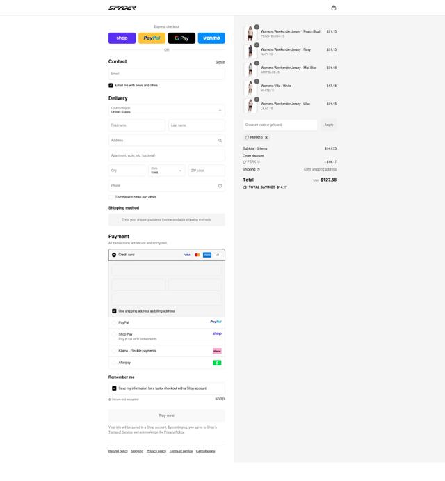 Spyder checkout page showing Spyder discount code box | Screenshot taken by SimplyCodes community member on Sep 12, 2025