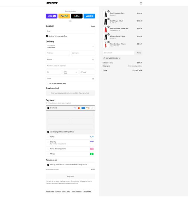 Spyder checkout page showing Spyder discount code box | Screenshot taken by SimplyCodes community member on Aug 17, 2025