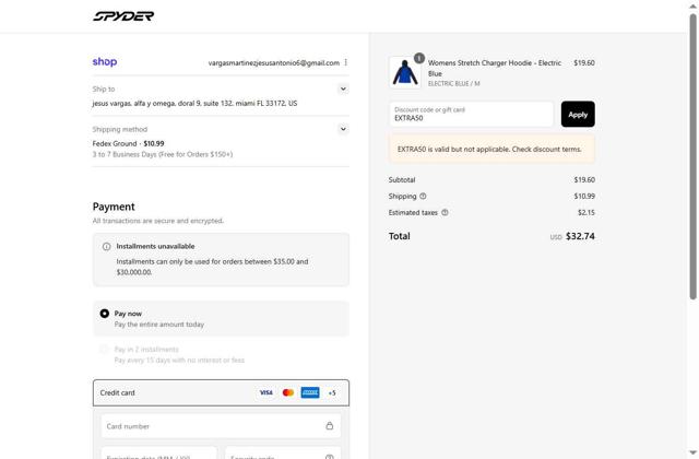 Spyder checkout page showing Spyder discount code box | Screenshot taken by SimplyCodes community member on Sep 14, 2025