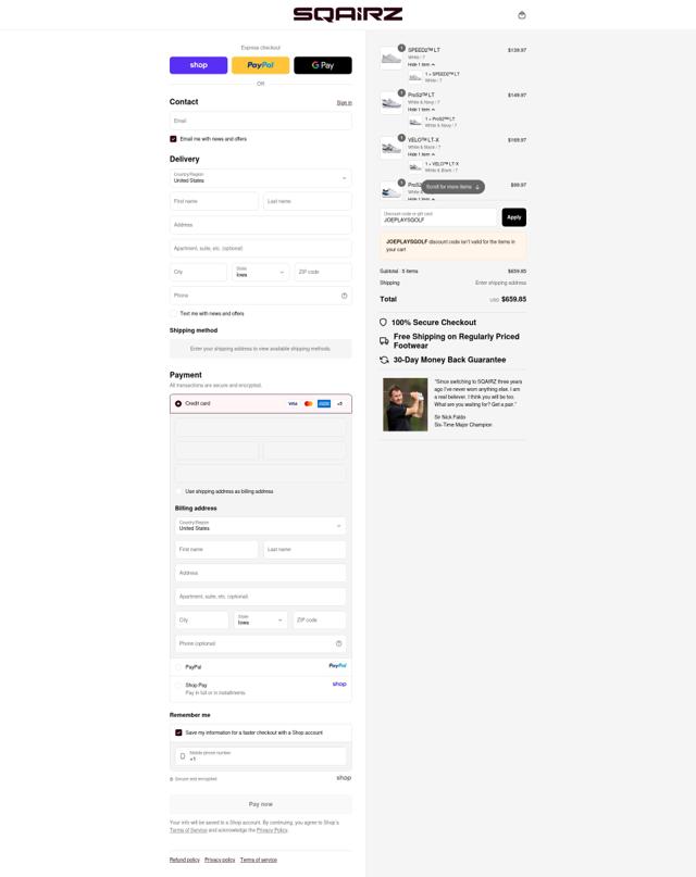 SQAIRZ checkout page showing SQAIRZ discount code box | Screenshot taken by SimplyCodes community member on Sep 12, 2025