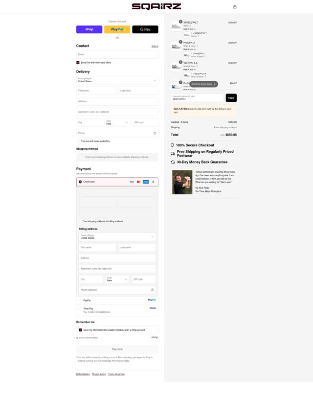 SQAIRZ checkout page showing SQAIRZ discount code box | Screenshot taken by SimplyCodes community member on Sep 12, 2025