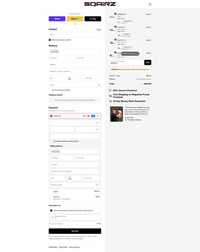 SQAIRZ checkout page showing SQAIRZ discount code box | Screenshot taken by SimplyCodes community member on Sep 12, 2025
