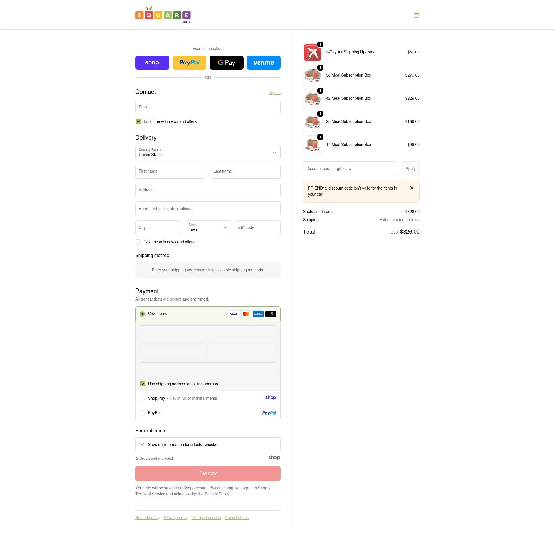 Square Baby checkout page showing Square Baby promo code box | Screenshot taken by SimplyCodes community member on Dec 29, 2025