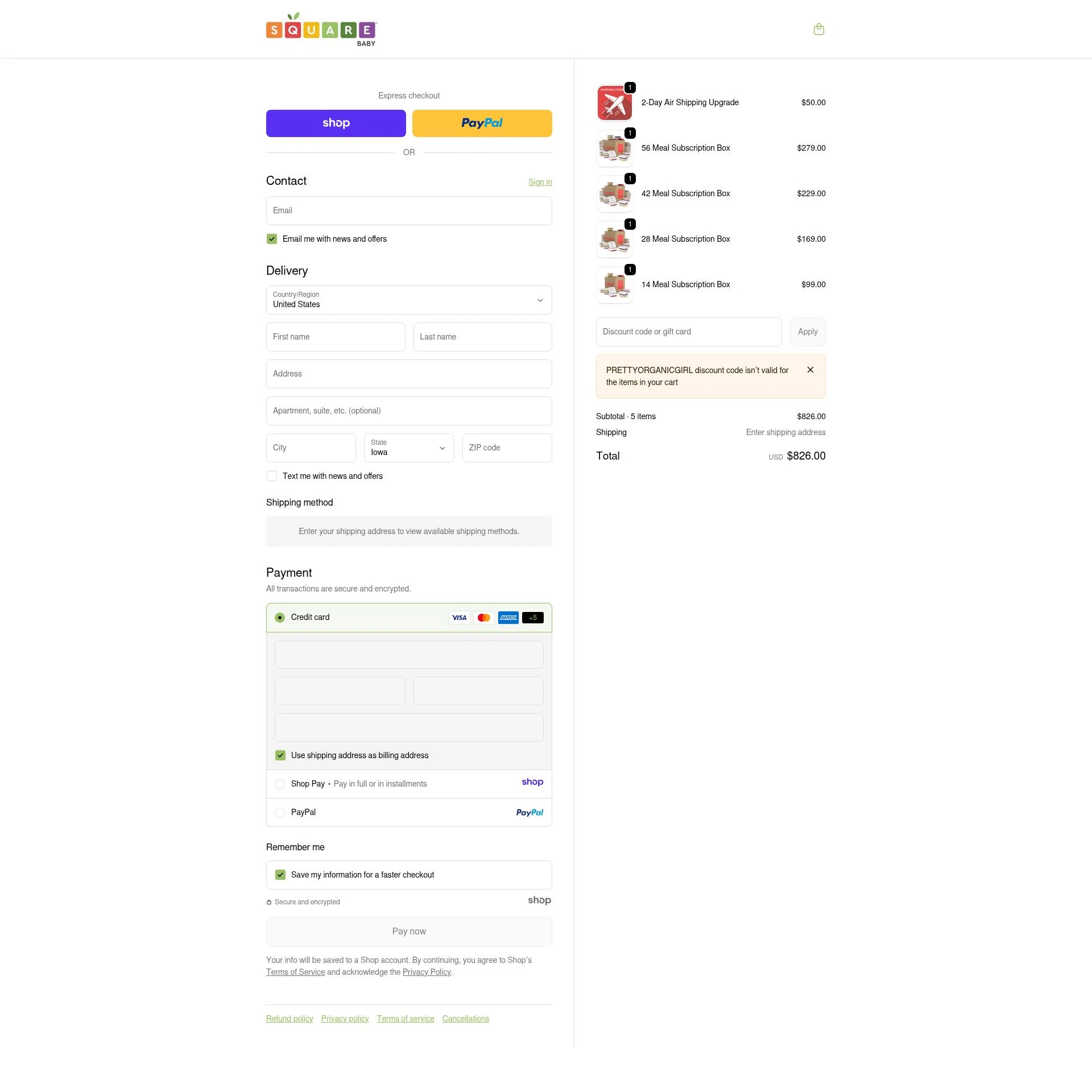 Square Baby checkout page showing Square Baby promo code box | Screenshot taken by SimplyCodes community member on Jan 3, 2026