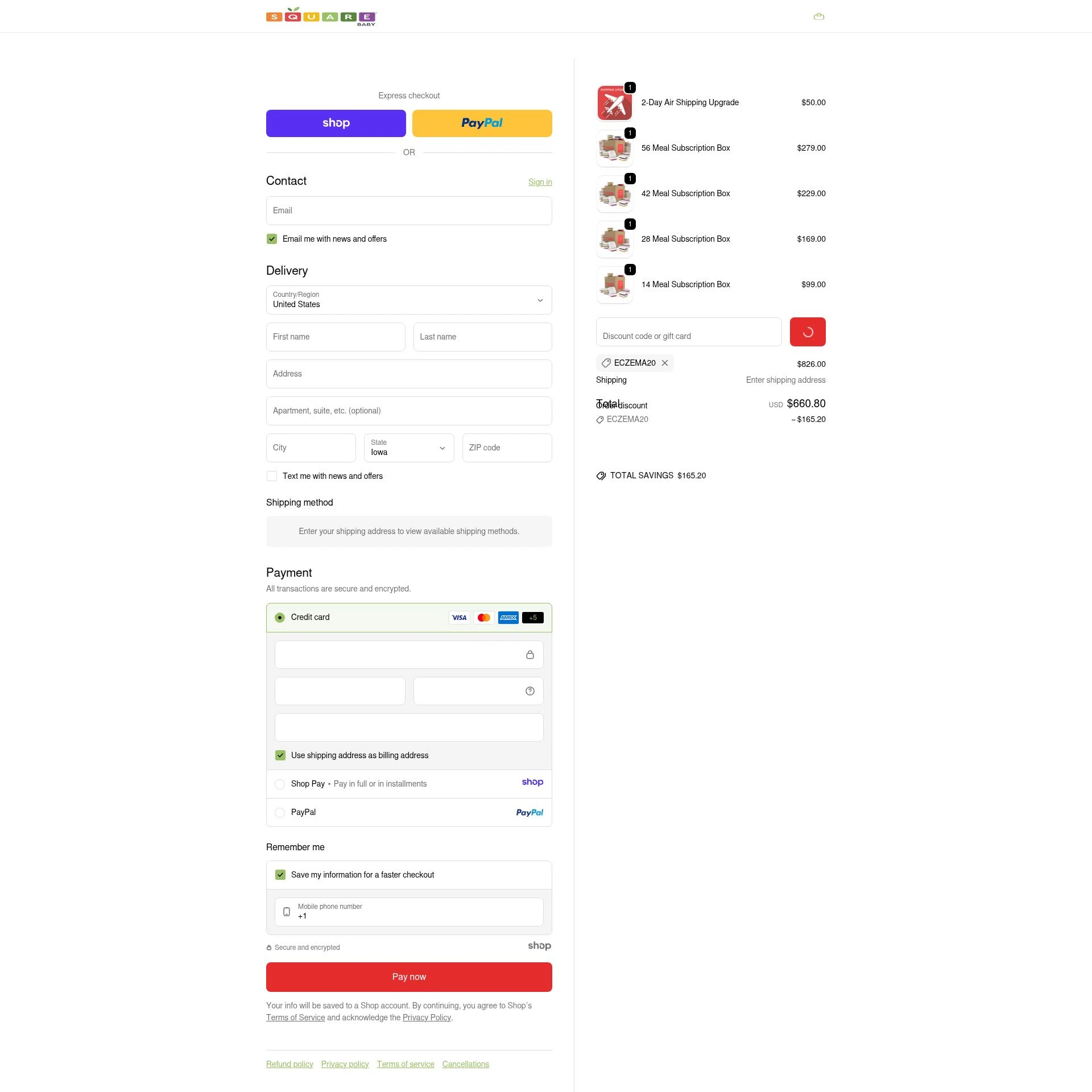 Square Baby checkout page showing Square Baby promo code box | Screenshot taken by SimplyCodes community member on Jan 3, 2026