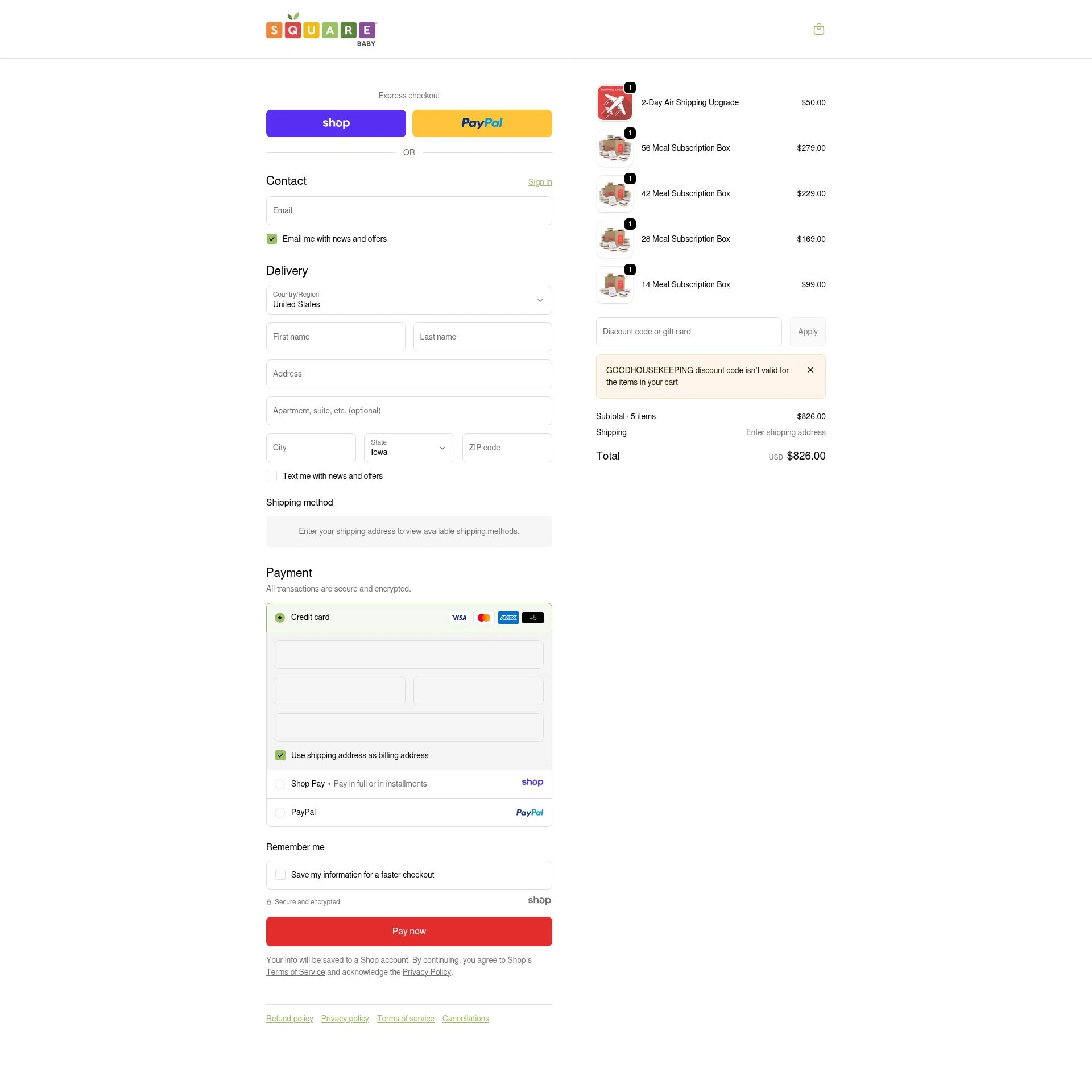 Square Baby checkout page showing Square Baby promo code box | Screenshot taken by SimplyCodes community member on Jan 3, 2026