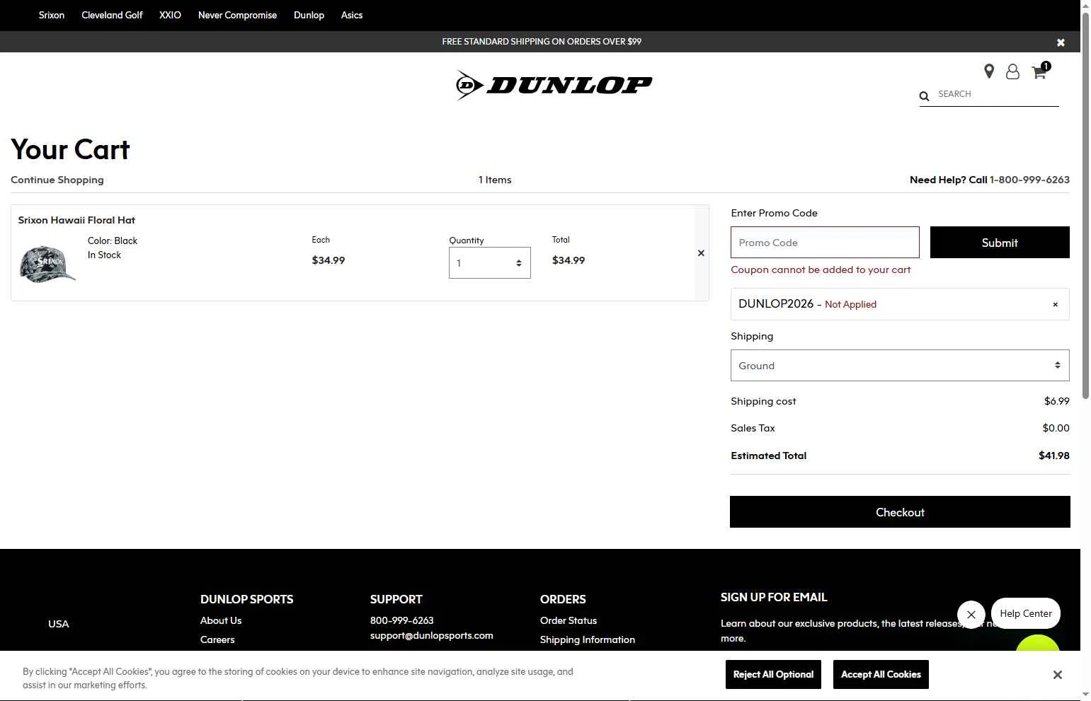 Srixon checkout page showing Srixon promo code box | Screenshot taken by SimplyCodes community member on Feb 10, 2026