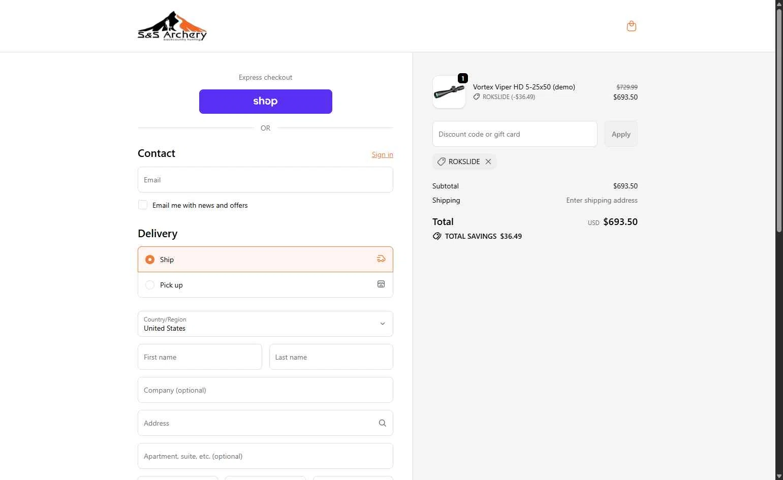 S&S Archery checkout page showing S&S Archery promo code box | Screenshot taken by SimplyCodes community member on Feb 14, 2026
