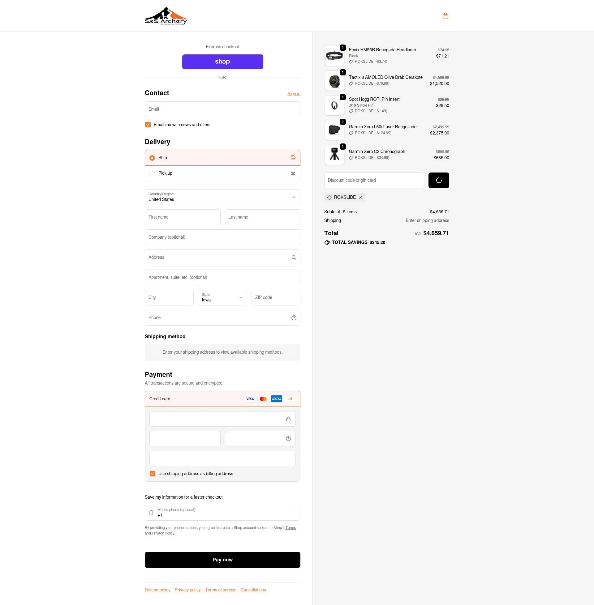 S&S Archery checkout page showing S&S Archery promo code box | Screenshot taken by SimplyCodes community member on Feb 14, 2026