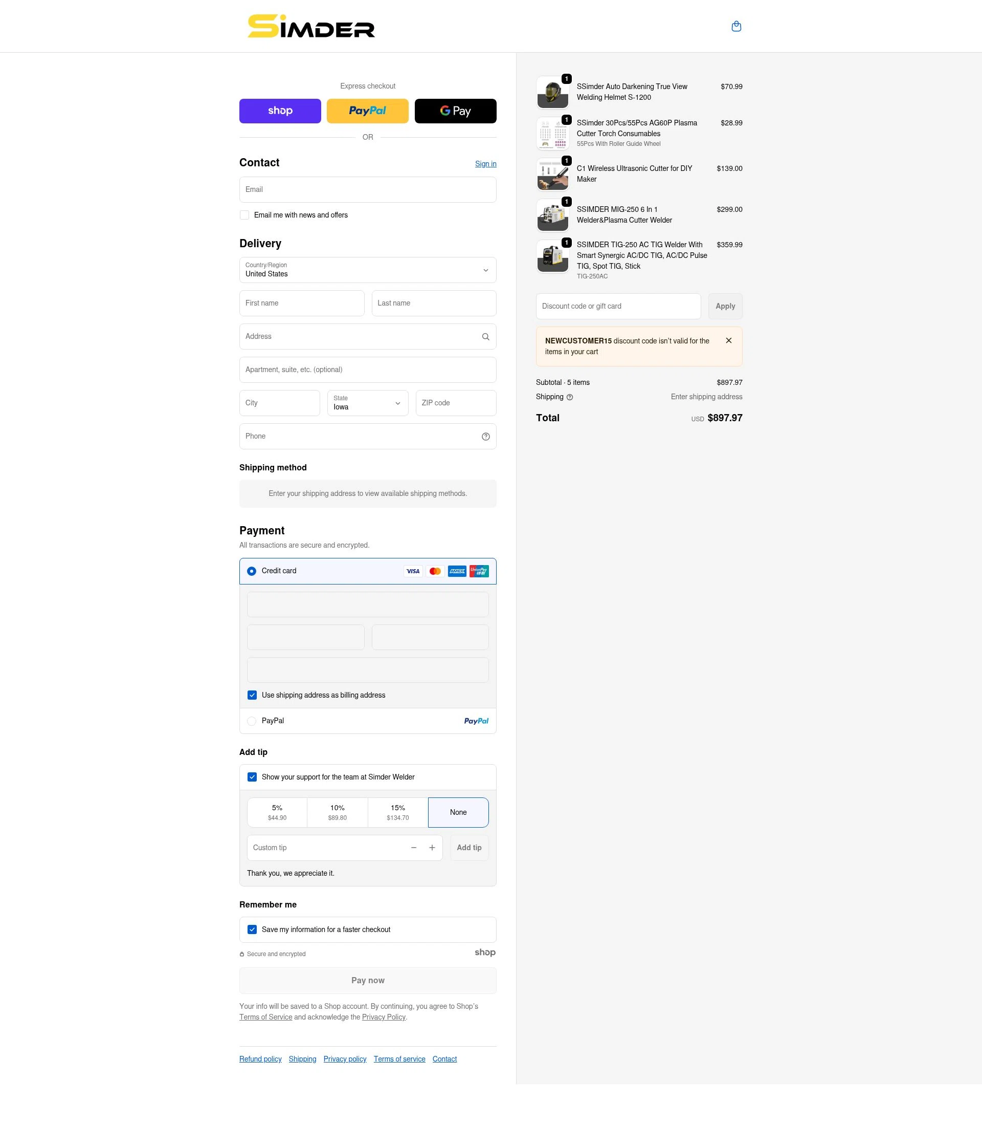 S SIMDER WELDER checkout page showing S SIMDER WELDER promo code box | Screenshot taken by SimplyCodes community member on Jan 3, 2026