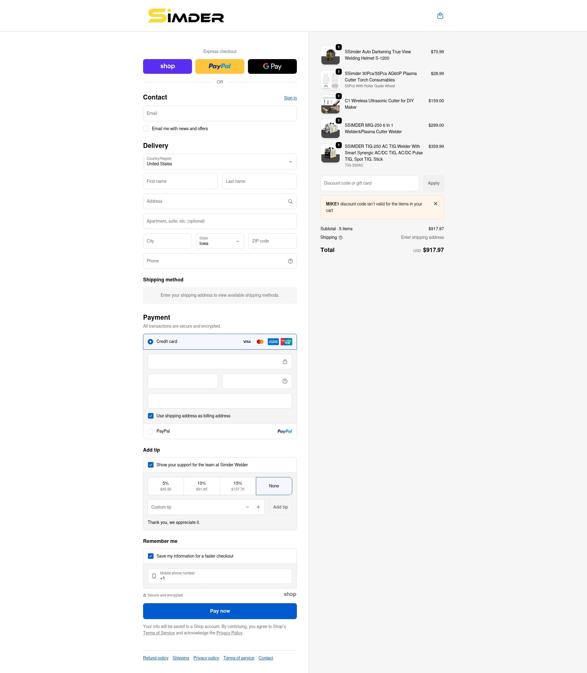 S SIMDER WELDER checkout page showing S SIMDER WELDER promo code box | Screenshot taken by SimplyCodes community member on Jan 8, 2026