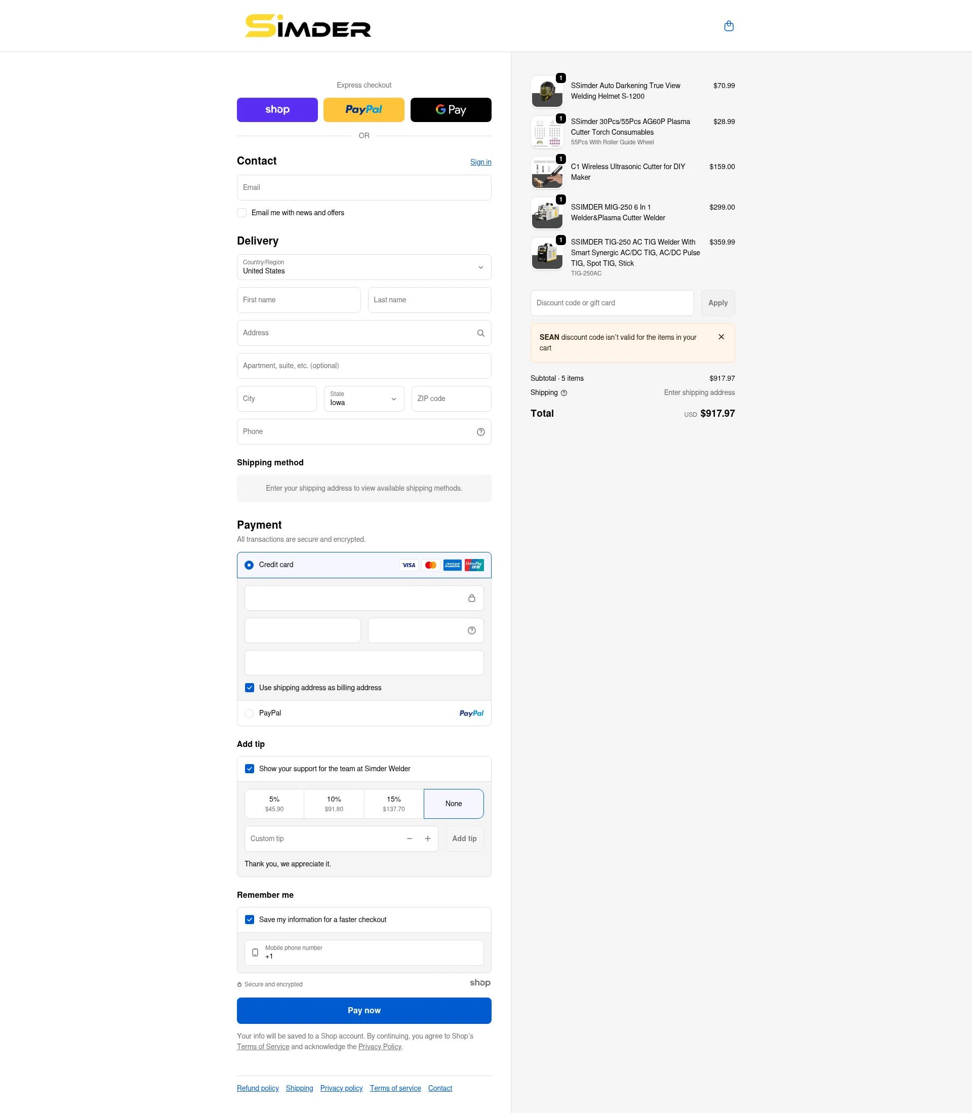 S SIMDER WELDER checkout page showing S SIMDER WELDER promo code box | Screenshot taken by SimplyCodes community member on Jan 8, 2026
