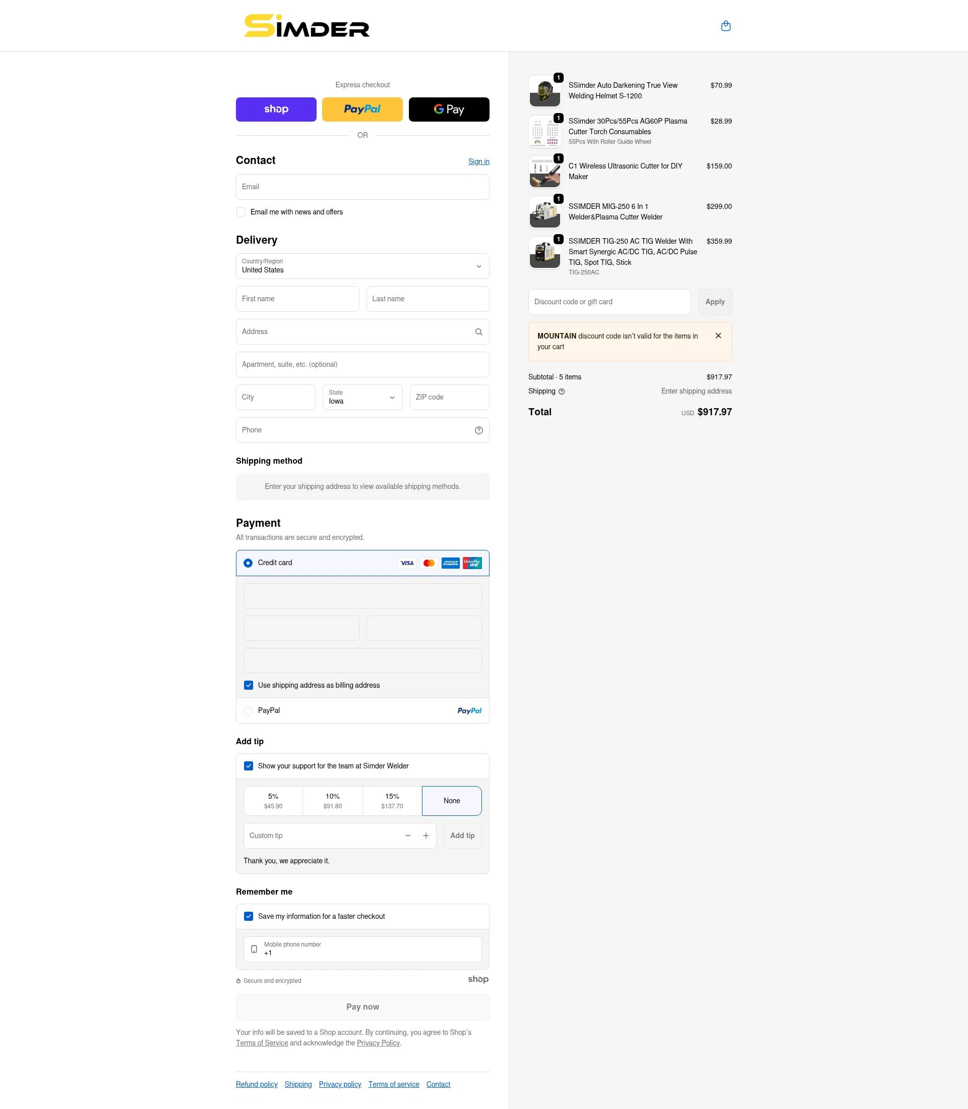 S SIMDER WELDER checkout page showing S SIMDER WELDER promo code box | Screenshot taken by SimplyCodes community member on Jan 8, 2026