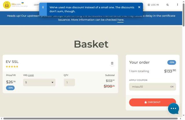 SSLs.com checkout page showing SSLs.com discount code box | Screenshot taken by SimplyCodes community member on Aug 9, 2025