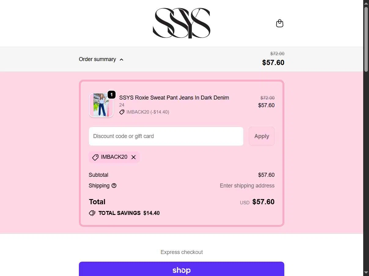 SSYS checkout page showing SSYS discount code box | Screenshot taken by SimplyCodes community member on Jan 13, 2026