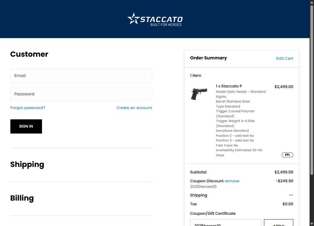 Staccato 2011 checkout page showing Staccato 2011 coupon code box | Screenshot taken by SimplyCodes community member on Nov 16, 2025