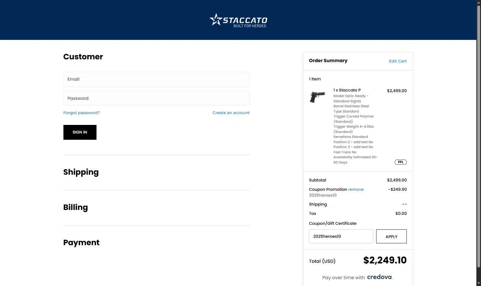 Staccato 2011 checkout page showing Staccato 2011 coupon code box | Screenshot taken by SimplyCodes community member on Dec 16, 2025