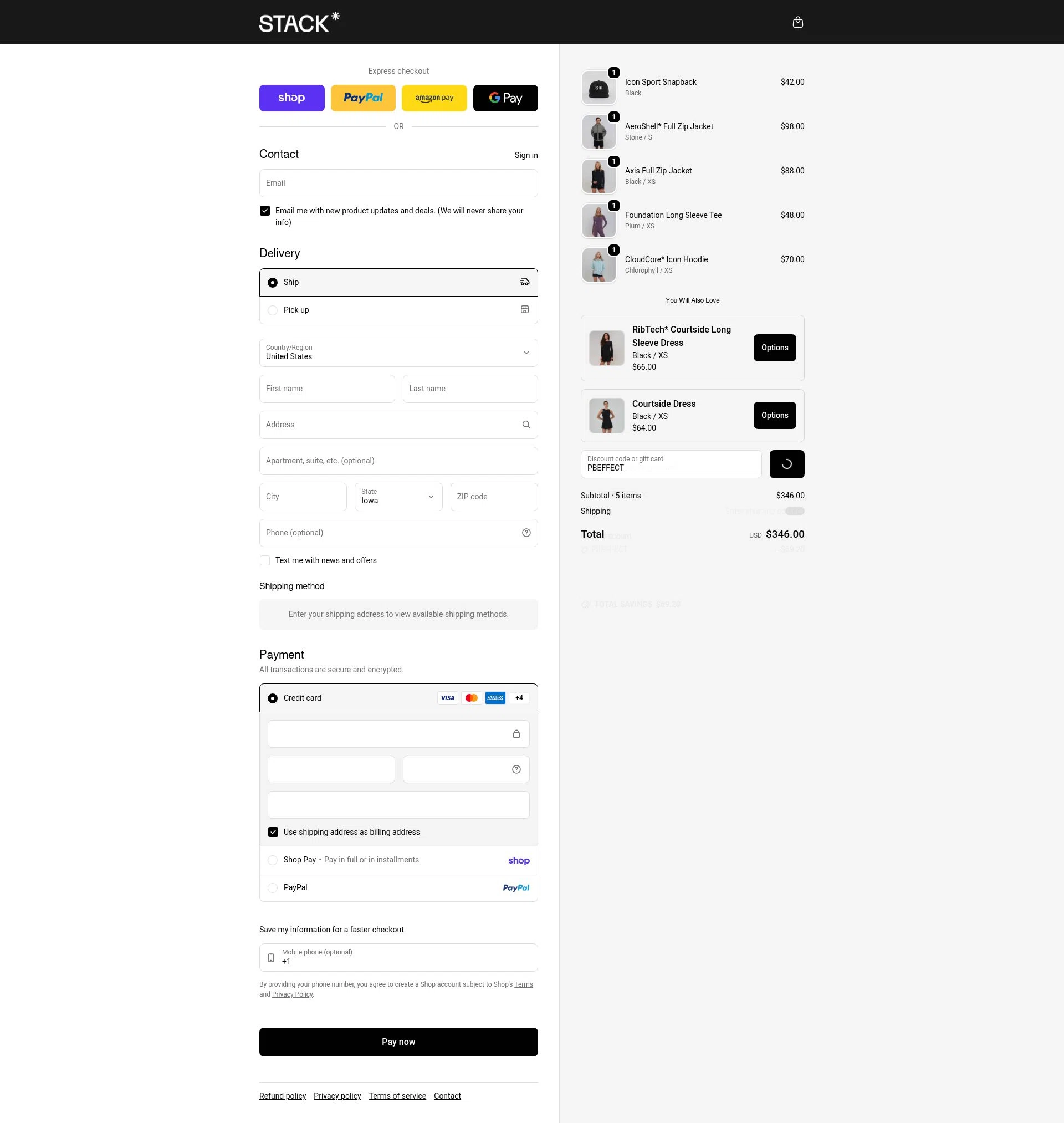 Stack Athletics checkout page showing Stack Athletics promo code box | Screenshot taken by SimplyCodes community member on Feb 15, 2026