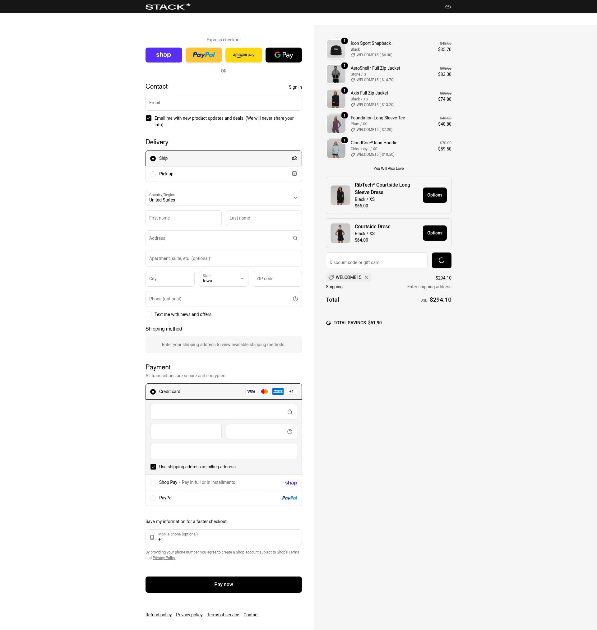 Stack Athletics checkout page showing Stack Athletics promo code box | Screenshot taken by SimplyCodes community member on Feb 19, 2026