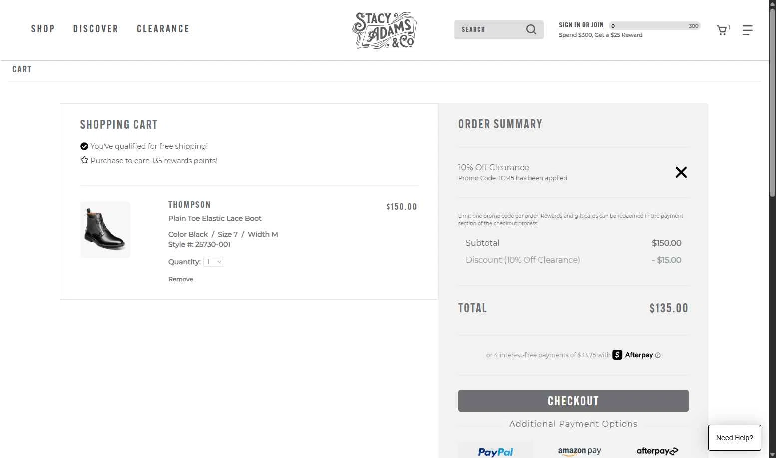 Stacy Adams checkout page showing Stacy Adams promo code box | Screenshot taken by SimplyCodes community member on Jan 20, 2026