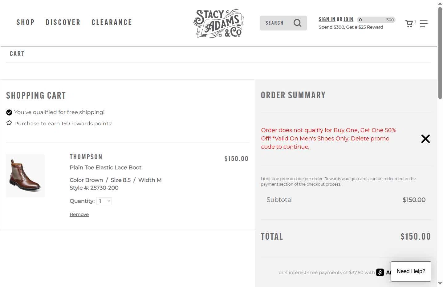 Stacy Adams checkout page showing Stacy Adams promo code box | Screenshot taken by SimplyCodes community member on Jan 14, 2026