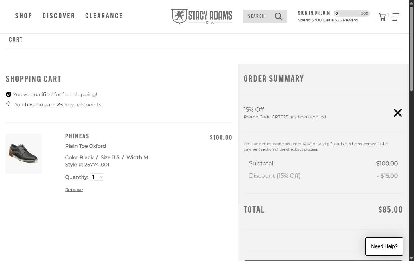 Stacy Adams checkout page showing Stacy Adams promo code box | Screenshot taken by SimplyCodes community member on Feb 17, 2026