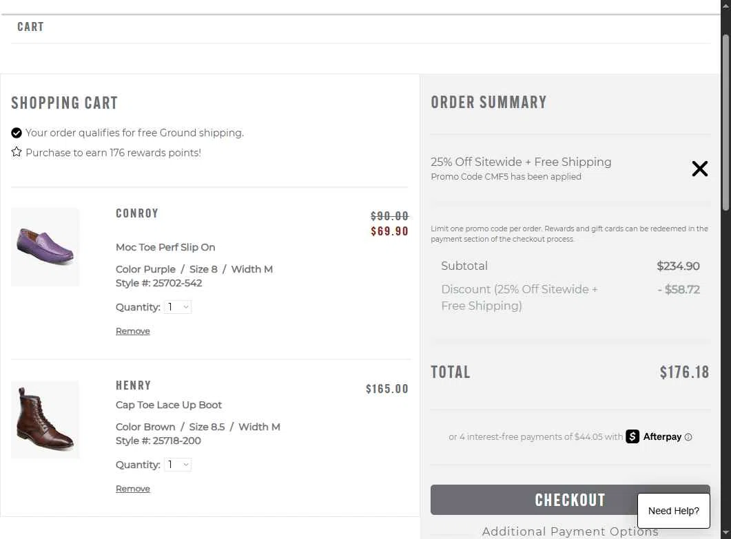Stacy Adams checkout page showing Stacy Adams promo code box | Screenshot taken by SimplyCodes community member on Dec 2, 2025