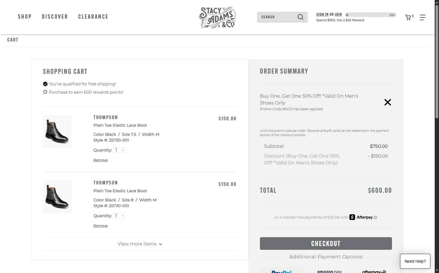 Stacy Adams checkout page showing Stacy Adams promo code box | Screenshot taken by SimplyCodes community member on Dec 16, 2025