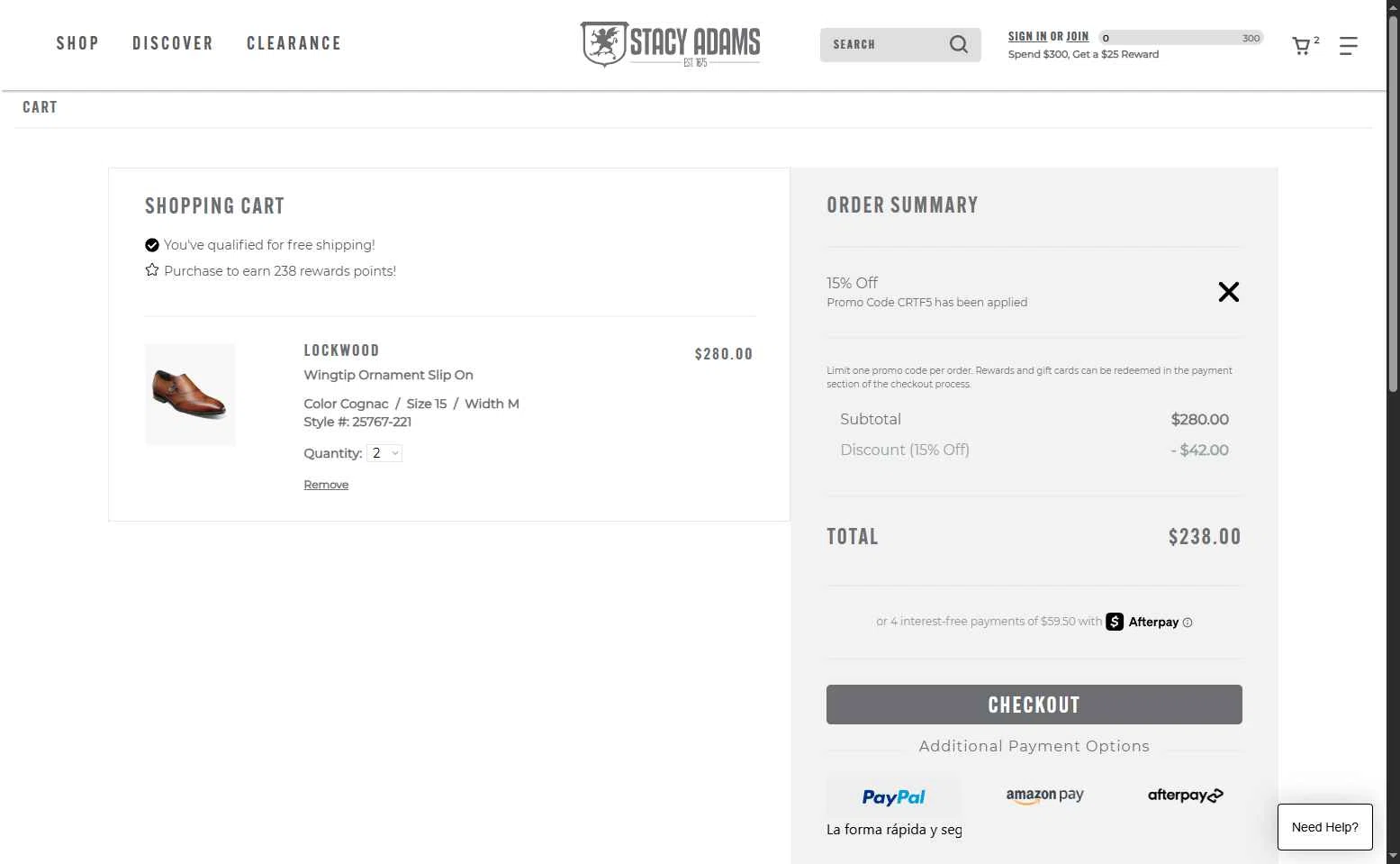 Stacy Adams checkout page showing Stacy Adams promo code box | Screenshot taken by SimplyCodes community member on Feb 11, 2026