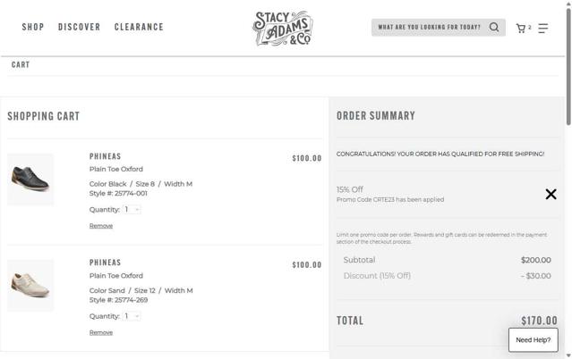 Stacy Adams checkout page showing Stacy Adams promo code box | Screenshot taken by SimplyCodes community member on Aug 27, 2025