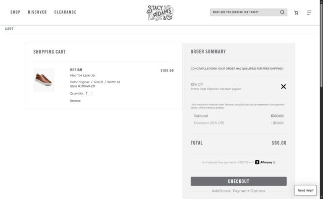 Stacy Adams checkout page showing Stacy Adams promo code box | Screenshot taken by SimplyCodes community member on Aug 16, 2025