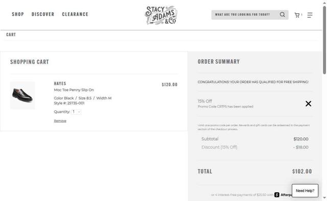 Stacy Adams checkout page showing Stacy Adams promo code box | Screenshot taken by SimplyCodes community member on Aug 21, 2025