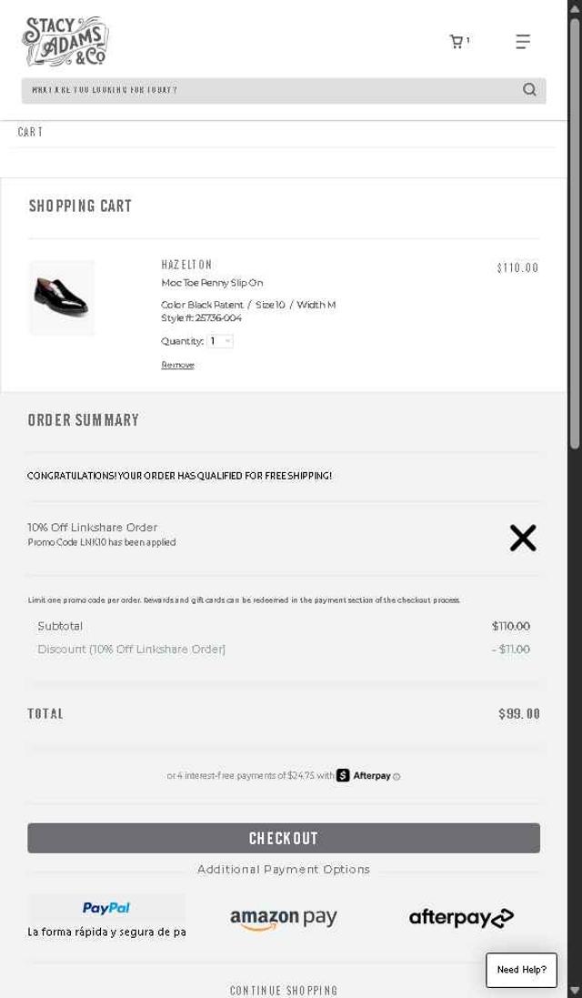 Stacy Adams checkout page showing Stacy Adams promo code box | Screenshot taken by SimplyCodes community member on Sep 18, 2025