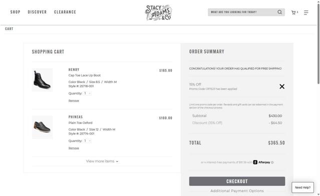 Stacy Adams checkout page showing Stacy Adams promo code box | Screenshot taken by SimplyCodes community member on Sep 25, 2025