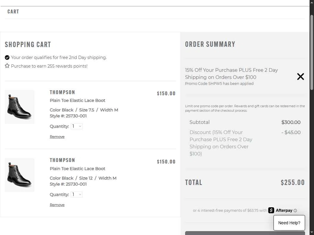 Stacy Adams checkout page showing Stacy Adams promo code box | Screenshot taken by SimplyCodes community member on Dec 8, 2025